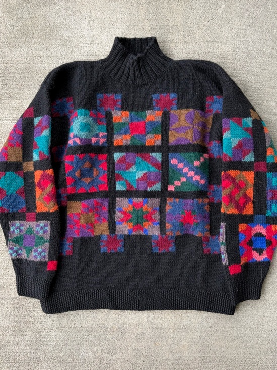 L.L. Bean Sweaters - Vintage 90s LLbean 100% wool knit granny square boho sweater jumper top rainbow